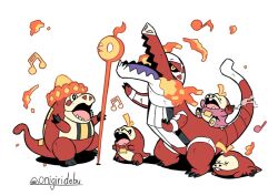  alternate_color apple black_sclera breath_weapon breathing_fire claws colored_sclera commentary_request crocalor crocodilian fangs fire food fruit fuecoco hat microphone musical_note no_humans nostrils onigiri_debu open_mouth pokemon pokemon_(creature) pokemon_focus sharp_teeth shiny_pokemon skeledirge sleeping sombrero standing tail teeth white_background yellow_eyes 