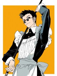  1boy apron arm_up black_dress black_eyes black_hair border chubsbunny2026 collared_dress commentary_request crossdressing crossdressing_(mtf) dress enmaided highres holding hunter_x_hunter leorio_paladiknight long_sleeves looking_at_viewer maid maid_apron male_focus male_maid orange_background round_eyewear short_hair sideburns sleeve_cuffs solo sunglasses very_short_hair white_border wing_collar 