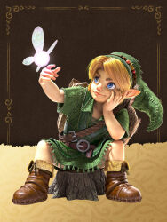  1boy belt blonde_hair blue_eyes boots fairy full_body green_hat green_tunic hat highres link navi official_art on_tree_stump pointy_ears shield sitting smile the_legend_of_zelda the_legend_of_zelda:_ocarina_of_time tree_stump tunic young_link 