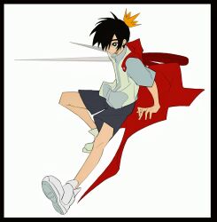  1boy black_eyes black_hair black_shorts bright_pupils cape chinese_commentary commentary_request crown false_memory fighting_stance gold_crown grey_shirt halo haoping_fanxianwumaowu high_collar male_focus mini_crown protagonist_halo red_cape scissors shirt shoes short_sleeves shorts simple_background sneakers white_background white_pupils white_shoes 