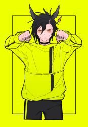  1girl air_shakur_(umamusume) alternate_costume animal_ears black_choker black_hair black_pants choker clenched_hands closed_mouth commentary_request cowboy_shot cropped_legs earrings eyebrow_piercing face_piercing finger_tattoo hair_between_eyes highres hood hood_down hoodie horse_ears horse_girl jewelry long_bangs looking_at_viewer medium_hair orange_eyes pants pappi piercing simple_background smile solo tattoo umamusume yellow_background yellow_hoodie 