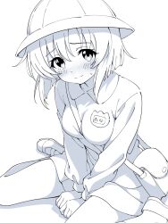 1girl between_breasts blunt_ends blush breasts closed_mouth collared_dress commentary dress foot_out_of_frame greyscale hair_between_eyes hat highres higurashi_no_naku_koro_ni kindergarten_uniform long_sleeves looking_at_viewer medium_breasts monochrome name_tag niyane parted_bangs rounded_collar ryuuguu_rena school_hat shoes short_dress short_hair simple_background sitting smile socks solo strap_between_breasts untranslatable_commentary uwabaki wariza white_background 