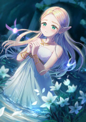  1girl armband bare_shoulders blonde_hair building commentary_request dress fairy fairy_wings falling_petals flower green_eyes highres jewelry moss necklace nunuyen open_mouth overgrown partially_submerged petals pointy_ears praying princess_zelda reflection reflective_liquid rubble ruins scenery silent_princess solo strapless strapless_dress the_legend_of_zelda the_legend_of_zelda:_breath_of_the_wild triforce water white_dress wings worried 