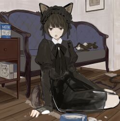  1girl animal_ears arm_support black_bow black_bowtie black_dress black_hair bow bowtie cat_ears cat_girl cat_tail couch dress drink_carton frilled_hairband frills gothic_lolita hairband highres indoors jitome juliet_sleeves lolita_fashion long_sleeves looking_at_viewer maoyasumisumi milk_carton on_floor open_mouth original picture_frame puffy_sleeves short_hair sitting solo tail torn_stuffed_toy toy wooden_floor 