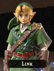  1boy belt blonde_hair blue_eyes boots character_name collar commentary commentary_request english_text green_hat green_tunic hat highres link male_focus master_sword official_alternate_costume official_art pointy_ears shield shield_on_back solo sword the_legend_of_zelda the_legend_of_zelda:_ocarina_of_time tunic weapon 