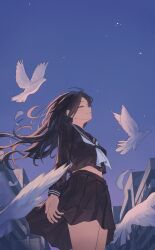  1girl absurdres ahoge arm_at_side bird black_hair black_sailor_collar black_serafuku black_shirt black_skirt building closed_eyes commentary_request cowboy_shot dove falling_feathers feathers floating_hair from_side highres light_smile long_hair long_sleeves looking_at_viewer midriff_peek muginosa neckerchief night open_hand original outdoors parted_lips pleated_skirt profile sailor_collar school_uniform serafuku shirt sideways_mouth skirt solo standing star_(sky) white_neckerchief 