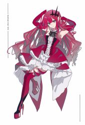  1girl absurdres arms_up baobhan_sith_(fate) baobhan_sith_(first_ascension)_(fate) boots breasts chinese_commentary commentary_request detached_sleeves dress fate/grand_order fate_(series) full_body grey_eyes hair_ornament high_heel_boots high_heels highres long_hair looking_at_viewer pink_hair platform_heels pointy_ears red_dress saibasidian281 solo thigh_boots 