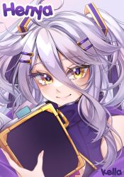  1girl absurdres ahoge blush book gradient_hair grey_hair hair_between_eyes henya_the_genius henya_the_genius_(1st_costume) highres kella_(artist) long_bangs long_hair looking_at_viewer multicolored_hair purple_hair smile solo two_side_up virtual_youtuber vshojo yellow_eyes 
