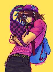  1boy animal arm_hair backpack bag bracelet brown_hair cat chain character_backpack checkered_belt clothes_writing commentary cowboy_shot crossed_arms ear_piercing english_commentary face_piercing facial_hair goatee_stubble gradient_outline hat highres holding holding_animal holding_cat infected_(regretevator) jewelry looking_at_animal male_focus missing_texture_(source) piercing pink_eyes pink_shirt purple_hat raccoon_tails_(hairstyle) regretevator roblox scene_fashion shirt signature smile solo stubble t-shirt terrishmonsta yellow_background 