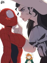  3girls absurdres artist_name blush frank_castle genderswap genderswap_(mtf) highres jean_grey marvel multiple_girls muscular muscular_female petra_parker_(otrebot) scar scar_on_face skull skull_print sleak spider-man spider-man:_brand_new_day spider-man_(series) tagme tall_female the_punisher_(character) the_punisher_(series) x-men 