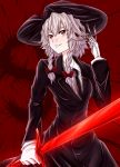  1girl :d benizuwai black_necktie bow braid business_suit contemporary cowboy_hat formal gloves hair_bow hat highres izayoi_sakuya necktie open_mouth red_bow red_eyes scalpel shirt short_hair silver_hair smile solo sword touhou twin_braids weapon white_gloves white_shirt 