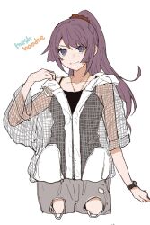  1girl black_camisole blue_eyes camisole closed_mouth commentary_request cropped_legs grey_pants hair_ornament hair_scrunchie hand_up high_ponytail highres hood hood_down hooded_jacket jacket jewelry light_smile long_hair looking_at_viewer monogatari_(series) necklace pants ponytail purple_hair red_scrunchie scrunchie see-through_clothes see-through_jacket senjougahara_hitagi simple_background solo torn_clothes torn_pants valhalla0707 watch watch white_background 