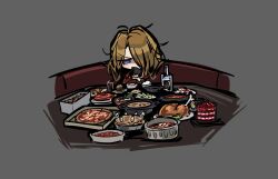  1girl black_gloves blue_eyes bottle bowl brown_hair burger cake chibi cigar commentary couch food gloves hair_over_one_eye indoors limbus_company long_hair official_art pasta pie pizza plate project_moon rodion_(project_moon) sitting solo soup spaghetti stargazy_pie table thumb_(identity)_(project_moon) turkey_(food) untranslatable_commentary very_long_hair 