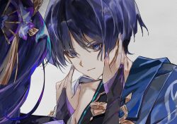  1boy 1girl bishounen black_bodysuit black_bridal_gauntlets black_hair blue_cape blue_hair blue_trim blunt_ends bodysuit bridal_gauntlets cape closed_mouth colored_eyelashes expressionless eyeliner facing_another fan_hair_ornament flower genshin_impact gold_ring grey_background hair_flower hair_ornament hands_on_another's_face hands_up highres kaka123098orana looking_at_another makeup middle_ring mother_and_child mother_and_son multicolored_hair parent_and_child purple_flower purple_hair purple_nails raiden_shogun red_eyeliner scaramouche_(genshin_impact) shoulder_peek side_cape streaked_hair tassel tassel_hair_ornament tsurime violet_eyes wanderer_(genshin_impact) white_sleeves wispy_bangs 