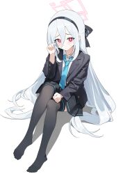  1girl absurdres black_hairband blue_archive blue_necktie blush bright_pupils commentary_request double-parted_bangs feet full_body hair_between_eyes hairband half_updo halo highres kei_(blue_archive) kei_(student)_(blue_archive) liago long_hair long_hair_between_eyes long_sleeves looking_at_viewer loosely_tucked_bangs necktie no_shoes pink_eyes pink_halo rectangular_halo shirt simple_background solo thigh-highs toes very_long_hair white_background white_hair white_pupils white_shirt 