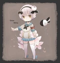  1girl armband black_hairband blue_bow blue_skirt bow commentary_request fal_(mahoiku) flower gamo_tako hair_flower hair_ornament hairband highres magical_girl mahou_shoujo_ikusei_keikaku mahou_shoujo_ikusei_keikaku_restart pink_hair pleated_skirt red_eyes sailor_collar school_uniform short_hair skirt snow_white_(mahoiku) thigh-highs white_flower white_thighhighs yellow_eyes 