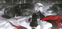  2girls absurdres animal_ears arknights bell_sleeves black_cape black_gloves black_hair black_jacket black_pantyhose black_skirt black_vest blue_gloves blue_necktie blue_shorts boots breasts cape car clothing_cutout commentary_request cowlick crossed_bangs crosswalk extra_ears fingerless_gloves floating_cape floating_hair glove_cutout gloves grey_eyes hair_between_eyes hair_ornament hairclip highres jacket lappland_(arknights) lappland_the_decadenza_(arknights) long_hair long_sleeves looking_at_viewer medium_breasts meng_ziya motor_vehicle multicolored_gloves multiple_girls necktie newspaper open_hand orange_eyes outdoors pantyhose parallel_hairclips rain reaching reaching_towards_viewer red_cape red_gloves red_necktie road scar scar_across_eye scar_on_face shirt shorts skirt smile street tail texas_(arknights) texas_the_omertosa_(arknights) thigh_strap turning_head two-tone_cape two-tone_gloves vest white_boots white_hair white_shirt wolf_ears wolf_girl wolf_tail 