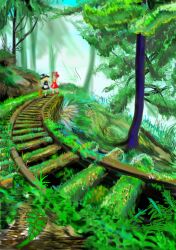  2girls apron black_hat black_skirt black_vest blonde_hair broom brown_hair darida detached_sleeves grass hakurei_reimu hat holding holding_broom kirisame_marisa multiple_girls nature outdoors overgrown plant railroad_tracks red_shirt red_skirt scenery shirt skirt touhou tree vest waist_apron walking white_apron white_hat wide_shot 