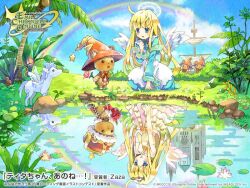  1girl ahoge apron artist_name blonde_hair blue_dress blue_eyes blue_sky clouds company_name copyright_logo copyright_notice crown dress emil_chronicle_online flower halo hat holding holding_flower logo long_hair meadow official_art open_mouth orange_hat palm_tree pegasus rainbow reflection reflective_liquid sky tiara tiny_(eco) tita_(eco) tree white_apron white_halo white_wings wings witch_hat zaza_(x-can01) 
