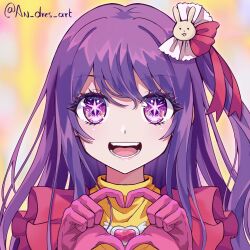  1girl an_dres_art blurry blurry_background dress four-finger_heart_hands hair_ornament heart heart_hands highres hoshino_ai idol idol_clothes long_hair looking_at_viewer open_mouth oshi_no_ko pink_dress pink_lips purple_hair rabbit_hair_ornament smile solo star_(symbol) star_in_eye symbol_in_eye teeth tongue very_long_hair violet_eyes yellow_collar 