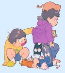  2boys :&lt; :d ahoge animal animal_in_clothes animal_on_head back barefoot black_eyes black_hair blue_background blue_shorts blush_stickers brothers capsule_1 cat cat_on_head closed_mouth full_body holding_animal hood hood_down hoodie looking_back male_focus matsuno_ichimatsu matsuno_juushimatsu messy_hair multiple_boys one_knee open_mouth osomatsu-kun osomatsu-san print_shirt pulling shirt shirt_grab siblings simple_background sleeves_past_wrists slippers smile socks soles squatting too_many too_many_cats violet_eyes white_legwear 