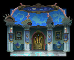  amphibia banner black_border border column commentary constellation coral english_commentary fish frog_boy frog_girl hermit_crab highres indoors king no_humans official_art pegushi pillar planet portrait_(object) queen scenery shell snake stained_glass wide_shot 