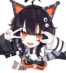  1girl ahoge animal_ear_headphones animal_ears arm_belt asymmetrical_sleeves bare_shoulders belt belt_collar black_choker black_hair black_nails black_sweater cat_ear_headphones cat_ears choker collar commentary_request dot_nose eyeball_hair_ornament fake_animal_ears from_above headphones long_sleeves looking_at_viewer mahou_shoujo_no_majo_saiban multicolored_hair nail_polish off-shoulder_sweater off_shoulder open_mouth orange_eyes orange_nails orange_streaks rihitonn sawatari_coco sharp_teeth shirt short_hair simple_background single_bare_shoulder skull sleeveless sleeveless_shirt solo streaked_hair striped_sleeves stuffed_animal stuffed_cat stuffed_toy sweater teeth upper_body v v_over_eye white_background white_shirt 