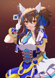  1girl absurdres animal_ears blue_corset blue_hair blue_jacket blue_necktie blush breasts brown_hair collared_shirt commentary_request corset criss-cross_strings cropped_jacket daitaku_helios_(umamusume) ear_covers ear_ribbon elegant_(sumisumi4268) facial_tattoo fang glorious_azure_costume_(umamusume) gloves hair_between_eyes hair_ornament hairclip highres horse_ears horse_girl jacket long_hair looking_at_viewer medium_breasts multicolored_hair necktie open_mouth shirt short_necktie side_ponytail skin_fang skirt smile solo star_(symbol) star_hair_ornament streaked_hair tattoo umamusume w white_gloves white_shirt yellow_eyes 