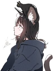  1girl animal_ear_fluff animal_ears animal_on_head black_cat black_hair cat cat_ears cat_girl cat_on_head cat_tail commentary_request from_side grey_eyes grey_hoodie highres hood hoodie kuro_(uchi_no_kuroneko_onnanoko) long_hair looking_up mame_(uchi_no_kuroneko_onnanoko) megateru on_head oversized_clothes profile signature simple_background solo tail uchi_no_kuroneko_onnanoko upper_body white_background 