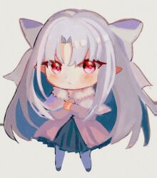  1girl albino arc52088 bow capelet chibi commentary fur-trimmed_capelet fur_trim hair_bow half_updo long_hair looking_at_viewer pointy_ears red_eyes skirt solo thigh-highs tsukihime white_bow white_capelet white_hair white_len_(tsukihime) 