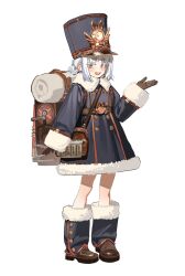  1girl backpack bag blush boots brown_bag buttons coat colored_eyelashes double-breasted fur-trimmed_coat fur_boots fur_trim gloves hand_up hat highres large_hat long_sleeves looking_at_viewer mohu_(shisenmohu) open_mouth original rabbit_ornament shako_cap shoes short_eyebrows short_hair simple_background smile solo white_background white_eyelashes white_eyes white_hair winter_clothes winter_coat 