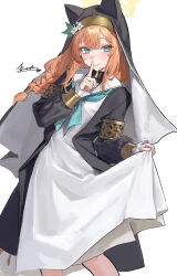  1girl aqua_eyes aqua_neckerchief armlet blue_archive bracelet braid cat_girl commentary_request feet_out_of_frame finger_to_mouth gold_armlet gold_bracelet hair_tubes halo highres jewelry leviathan_(hikinito0902) long_hair looking_at_viewer mari_(blue_archive) neckerchief nun orange_hair shushing signature solo white_background 