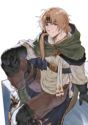  1boy absurdres alternate_costume belt blonde_hair boots cloak commentary_request foot_out_of_frame green_boots green_cloak green_eyes hand_on_own_knee headband heterochromia highres knee_up long_hair long_sleeves looking_at_viewer male_focus mole mole_under_eye mushoku_tensei nya_kirin pants ponytail rudeus_greyrat shirt simple_background sitting smile solo white_background white_shirt 