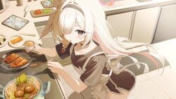  >_< 2girls :d absurdres alternate_costume apron arona_(blue_archive) black_eyes black_hairband black_shirt blue_archive blue_cardigan blue_hair bottomless bowl braid cardigan carrot celery colored_inner_hair commentary cooking cup food frilled_apron frills frying_pan hair_over_one_eye hairband halo happy highres holding holding_cup holding_spoon iv_(iv70311741) kitchen knife light_blush long_hair looking_at_viewer meat multicolored_hair multiple_girls onigiri onion open_mouth pink_hair plana_(blue_archive) plate red_halo red_pupils ribbon sauce shirt short_sleeves single_braid smile solo_focus spoon tablet_pc tile_floor tiles vegetable white_hair white_ribbon white_shirt 