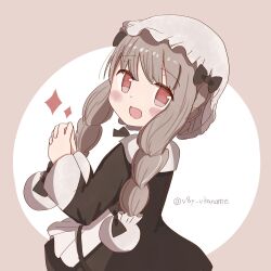  1girl apron black_bow blush bow braid commentary_request highres long_hair magical_girl mahou_shoujo_ikusei_keikaku mahou_shoujo_ikusei_keikaku_restart maid nokko-chan open_mouth red_eyes smile sparkle twin_braids v8y_vkaname white_apron 