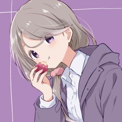  1girl :t absurdres azumawari_(azumofu) collared_shirt commentary_request eating food fruit grey_hair hair_ornament hair_scrunchie highres holding holding_food holding_fruit jacket long_sleeves looking_at_viewer low_side_ponytail mono_(afro) open_clothes open_jacket pink_scrunchie purple_background purple_jacket scrunchie shikishima_sakurako shirt side_ponytail simple_background solo upper_body violet_eyes white_shirt 