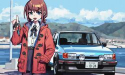  1girl absurdres black_bow black_bowtie blue_car blue_eyes blush_stickers bow bowtie brown_hair brown_pantyhose car car_keys commentary cowboy_shot ford ford_fiesta girls_band_cry hand_in_pocket highres hood hood_down hooded_jacket iseri_nina jacket long_sleeves looking_at_viewer motor_vehicle open_clothes open_jacket open_mouth outdoors pantyhose pilot_webber purple_skirt red_jacket shirt short_twintails sidelocks skirt solo standing twintails v-shaped_eyebrows white_shirt 