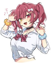  1girl arrow_through_heart black_choker blush bow bowtie breasts choker claw_pose commentary_request dakuryuu earrings fang gyaru hair_ornament hair_ribbon heart heterochromia highres hololive houshou_marine jewelry looking_at_viewer loose_bowtie medium_breasts open_mouth pink_nails portrait red_eyes red_hair ribbon school_uniform scrunchie shirt short_hair simple_background smile solo twintails virtual_youtuber white_background white_shirt wrist_scrunchie yellow_eyes 