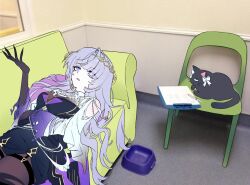  1girl animalization arcaea bare_shoulders black_dress black_hands black_pantyhose cat colored_extremities couch diamond_hair_ornament dress hair_ornament hair_over_one_eye insight_(arcaea) insight_(nullified)_(arcaea) long_hair lying on_couch pantyhose photo_background purple_hair pursed_lips solo tairitsu_(arcaea) torn_clothes torn_sleeves violet_eyes vipa_502 wide_sleeves 