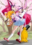  2girls asahina_mirai basket black_legwear blonde_hair bow broom cherry_blossoms hat hat_bow highres izayoi_liko kneehighs knives_(knives777) locked_arms long_hair mahou_girls_precure! mofurun_(mahou_girls_precure!) multiple_girls pink_shoes pink_skirt plaid plaid_bow precure purple_hair red_hat shirt shoes short_hair shorts skirt smile stuffed_animal stuffed_toy teddy_bear violet_eyes white_legwear witch_hat 