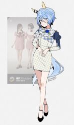  1girl animal_ears blue_eyes blue_flower blue_hair blue_rose blush breasts closed_mouth commentary_request dress ear_covers flower full_body hair_between_eyes highres horse_ears horse_girl horse_tail k.s.miracle_(umamusume) long_sleeves looking_at_viewer photo-referenced photo_inset reference_inset rose saramiao-chan shoes short_hair small_breasts smile tail umamusume white_dress 