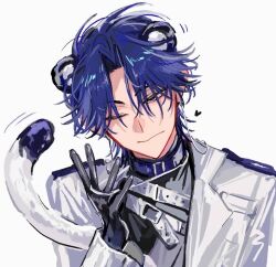  1boy animal_ears belt bishounen black_gloves black_shirt blue_collar blue_eyes blue_hair chest_belt closed_mouth collar earrings gloves hand_up head_tilt heart holding holding_jewelry holding_necklace jacket jaelee jewelry kemonomimi_mode long_sleeves looking_at_viewer male_focus medium_hair necklace one_eye_closed open_clothes open_jacket parted_bangs shiguang_dailiren shirt short_hair simple_background smile solo tail tiger_boy tiger_ears tiger_tail tyoookozuki upper_body white_background white_belt white_jacket 