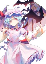  1girl absurdres back_bow bat_(animal) bat_wings blue_hair blush bow closed_mouth commentary_request frilled_skirt frills hat hat_ribbon highres mituba_ooka mob_cap pink_hat pink_shirt pink_skirt puffy_short_sleeves puffy_sleeves red_bow red_eyes remilia_scarlet ribbon ribbon-trimmed_shirt ribbon_trim shirt short_sleeves simple_background skirt skirt_set smile solo touhou twitter_username white_background wings 