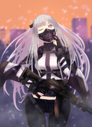  1girl ak-12 ak-12_(girls'_frontline) asakiri_koko assault_rifle black_gloves black_pants blunt_bangs blurry blurry_background braid breasts building clothes_lift collared_shirt commentary_request crosshair_pupils denim floating_clothes floating_hair floating_jacket girls_frontline gloves glowing glowing_eye grey_hair gun half_up_braid head_tilt highres holding holding_gun holding_weapon jacket jacket_lift jeans kalashnikov_rifle large_breasts long_hair looking_at_viewer mask midriff_peek mouth_mask one_eye_closed open_clothes open_jacket orange_sky outdoors pants partially_fingerless_gloves red_dot_sight red_eyes rifle shirt sky skyscraper solo standing straight-on symbol-shaped_pupils tactical_clothes upper_body very_long_hair weapon wind 