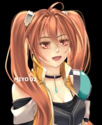  1girl :d absurdres ahoge armor artist_name black_background black_choker blue_gem brown_hair choker clip_studio_paint_(medium) commentary_request double-parted_bangs eiyuu_densetsu english_commentary estelle_bright gem hair_between_eyes hair_over_shoulder highres jacket jewelry long_hair looking_at_viewer miyew open_mouth pauldrons pendant pendant_choker red_eyes sen_no_kiseki_(series) sen_no_kiseki_iv shoulder_armor simple_background single_bare_shoulder single_pauldron sleeveless sleeveless_jacket smile solo teardrop-shaped_gem twintails upper_body watermark 