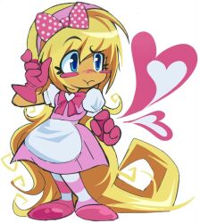  1girl :t apron blonde_hair blue_eyes blush_stickers bow bow_hairband bowtie breasts colored_skin dress full_body gloves hairband heart onukogirl original pantyhose pinafore_dress pink_bow pink_bowtie pink_dress pink_gloves pink_hairband pink_shoes polka_dot polka_dot_bow puffy_short_sleeves puffy_sleeves shoes short_sleeves sleeveless sleeveless_dress small_breasts solo striped_clothes striped_pantyhose white_apron white_background yellow_skin 