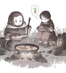  2girls backpack bag baggy_pants bangs_pinned_back blush boiling bowl breasts bright_pupils campfire carrot closed_mouth clothes_around_waist coat commentary cooking cooking_pot eyelashes fantasy fire food frown full_body gloves grass grey_background hair_ornament hair_ribbon hairclip half-closed_eyes highres holding holding_bowl holding_ladle hood hood_down hooded_jacket jacket jun_(navigavi) kneeling ladle large_breasts lips long_sleeves looking_at_food multiple_girls mushroom nose nose_shade on_ground on_rock original outdoors oven_mitts pants partially_colored ribbon shadow shoes short_hair shoulder_bag sitting soup speech_bubble spot_color thought_bubble twintails unworn_backpack unworn_bag 
