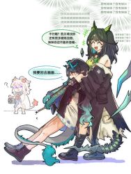  3girls :d ? ^_^ aqua_horns arknights black_hair black_jacket black_shoes camera carrying carrying_person chibi chinese_commentary chinese_text closed_eyes colored_extremities commentary_request confused dragon_girl dragon_horns dragon_tail dress dusk_(arknights) eastern_dragon_horns eastern_dragon_tail full_body green_dress green_hair highres holding holding_camera holding_paintbrush horns jacket leaning_back long_hair long_sleeves looking_at_another mon3tr_(arknights) multicolored_hair multiple_girls nian_(arknights) off_shoulder open_mouth paintbrush shaded_face shirt shoes simple_background sleeves_past_fingers sleeves_past_wrists smile speech_bubble standing sweatdrop tail translation_request white_background white_shirt yu_kaoxiang 