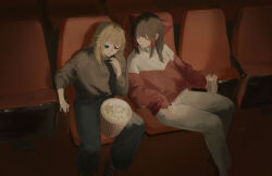  2girls 3d_glasses absurdres alternate_costume black_sweater blonde_hair blue_pants bow brown_hair closed_eyes commentary contemporary cup disposable_cup food hair_bow hair_tubes hakurei_reimu highres kirisame_marisa long_hair long_sleeves movie_theater multiple_girls open_mouth pants popcorn popcorn_bucket red_bow red_sweater sawararado sitting sleeping smile sweater touhou two-tone_sweater white_sweater 
