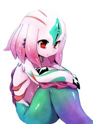  1other arm_markings black_claws claws closed_mouth colored_skin commentary_request gills hugging_own_legs markings merfolk navel no_humans other_focus pink_skin red_eyes sekaiju_no_meikyuu sekaiju_no_meikyuu_3 shinso_(sekaiju) simple_background sitting solo suno_(imydream) third_eye white_background 